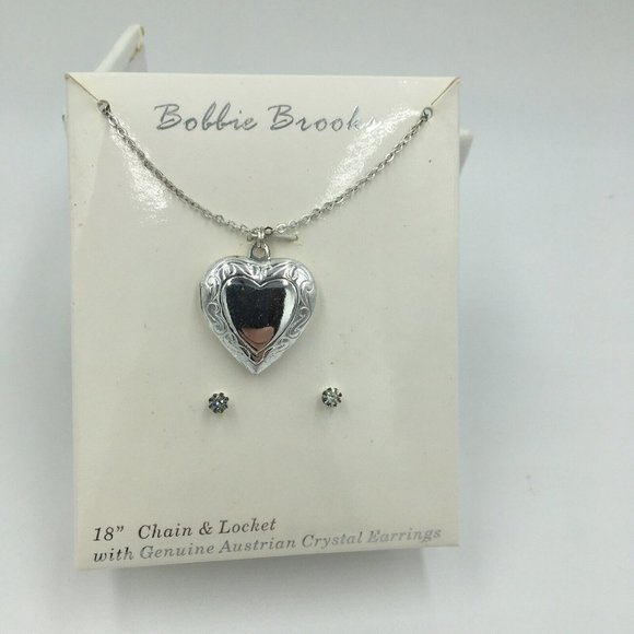 Bobbie Brooks HEART LOCKET on 18” Silver Tone CHAIN Austrian CRYSTAL EARRINGS - Picture 2 of 6